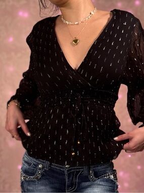 Angie Black Sheer Peplum Blouse With Silver Stripes and Cinch Tie Waist
